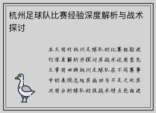 杭州足球队比赛经验深度解析与战术探讨